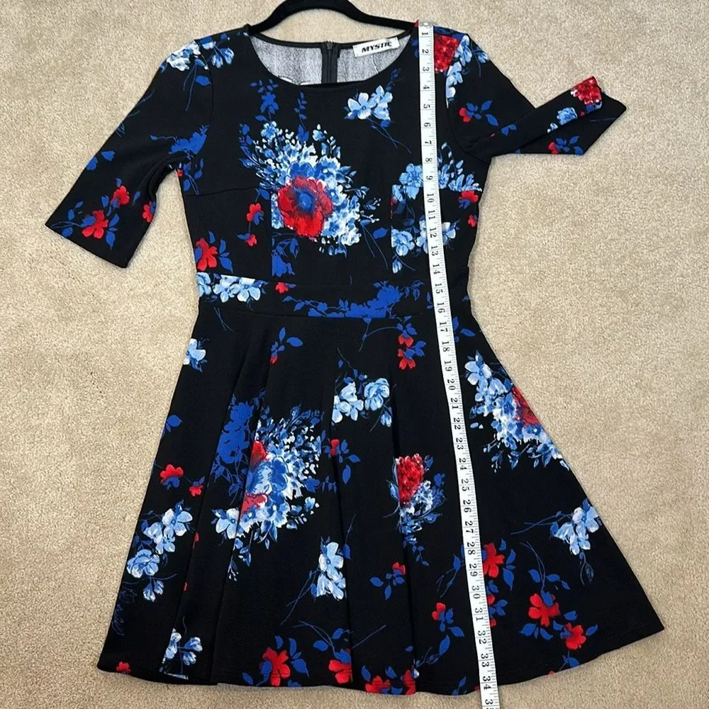 Mystic Black Floral Mini Skater Fit Flare Dress Dark Romantic Women Size Large